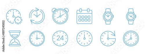 Time clocks icons in thin line style, vector illustration for schedules, alarms, and time management.