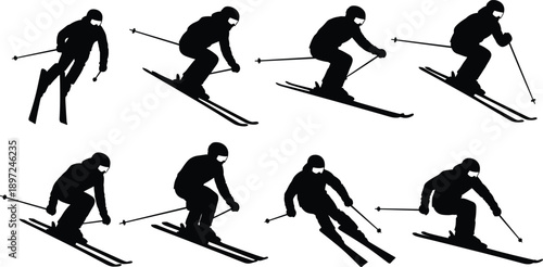 Skiing athlete silhouettes set with professional skiers downhill racing jumping and performing winter sports maneuvers for mountain resort travel designs