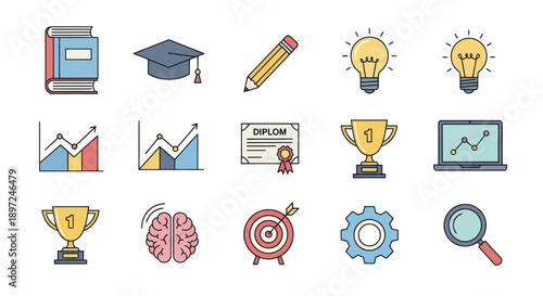 Education, Success, and Business Icons: Book, Graduation Cap, Lightbulb, Trophy, Brain