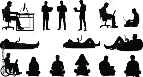 People working on laptop silhouettes set featuring individuals in office desks bean bags and wheelchairs for remote work and education