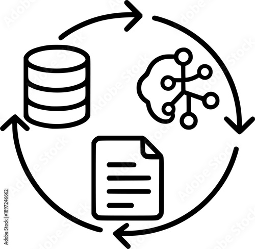 Data Processing Workflow Cycle with AI and Database Vector Icon
