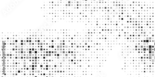 Abstract rectangle Grunge halftone gradient background. Faded grit noise texture. White and black sand wallpaper. Retro pixelated backdrop simple abstract art