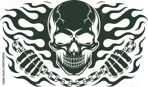 Detailed gothic skull with chains and flames. Dark edgy vector illustration for biker, rock, metal designs, apparel and prints.