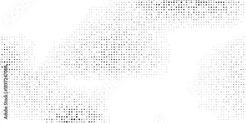 Modern rectangle Grunge halftone gradient background. Faded grit noise texture. White and black sand wallpaper. Retro pixelated backdrop abstract simple