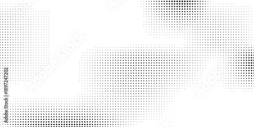 Rectangle Grunge halftone gradient background. Faded grit noise texture. White and black sand wallpaper. Retro pixelated backdrop art modern