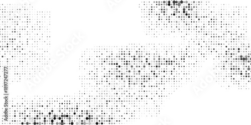 Abstract Grunge halftone gradient background. Faded grit noise texture. White and black sand wallpaper. Retro pixelated backdrop modern
