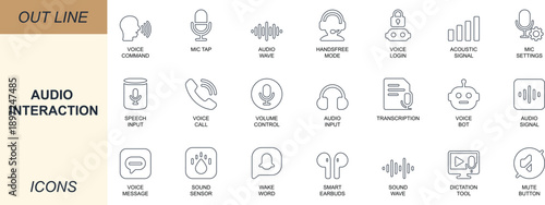 Speech recognition and audio interaction line icon set with mic, audio wave, speech, chatbot, AI talk, voice input, and sound control. Ideal for apps, UI, and smart devices.