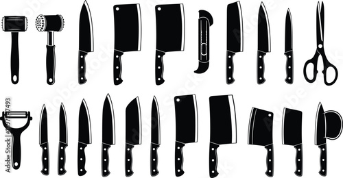 Professional kitchen knife silhouettes set featuring chef knives meat cleavers butcher tools and culinary equipment for restaurant menu and cooking designs