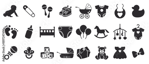 Comprehensive collection of essential baby items and infant care accessories silhouette icons, including bottles, pacifiers, diapers, toys, and nursery essentials for versatile use
