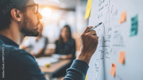 Inclusive planning workshop, close-up of a consultant gesturing with a marker toward a clear strategic diagram on a whiteboard, diverse team softly blurred in background, modern of