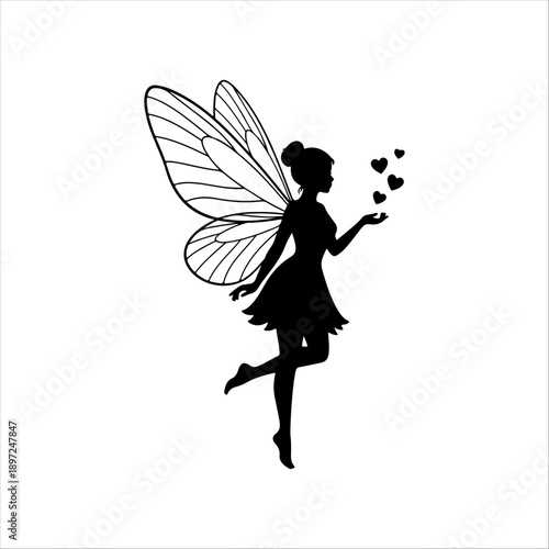 Fairy Silhouette with Butterfly Wings and Hearts Magic Illustration