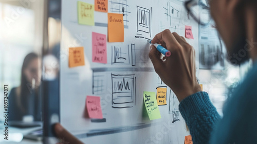 Inclusive planning session, close-up of marker drawing timelines and priorities on whiteboard, sticky notes and icons visible, creative business realism