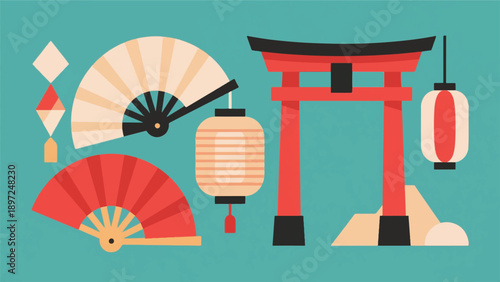 Illustrations Of Traditional Japanese Cultural Objects Such As Fans, Lanterns, And Gates Vector Design Template