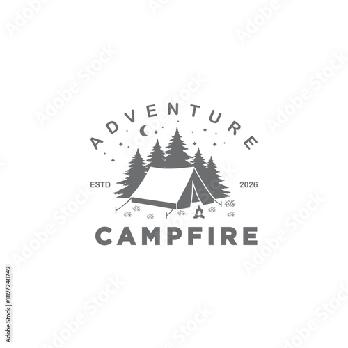 Outdoor and adventure themed camping logo with minimalist vintage design style in dark grey
