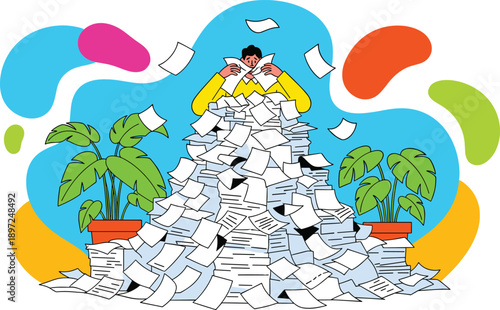 Flat vector illustration of a stressed office worker overwhelmed by a massive mountain of paperwork and documents for concepts of workload and deadline