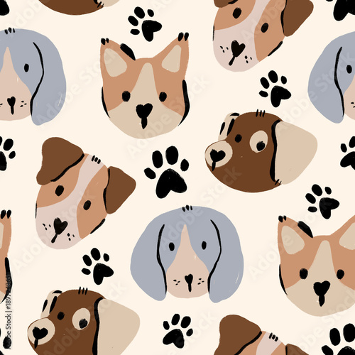 Canvas Print Seamless pattern with hand drawn cute puppy dogs and black paw prints on cream b