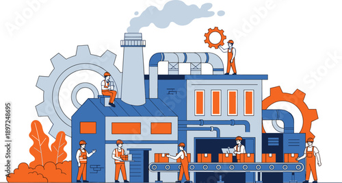 Flat vector illustration of factory workers on a production line with gears and conveyor belt for concepts of manufacturing industry and automated processing