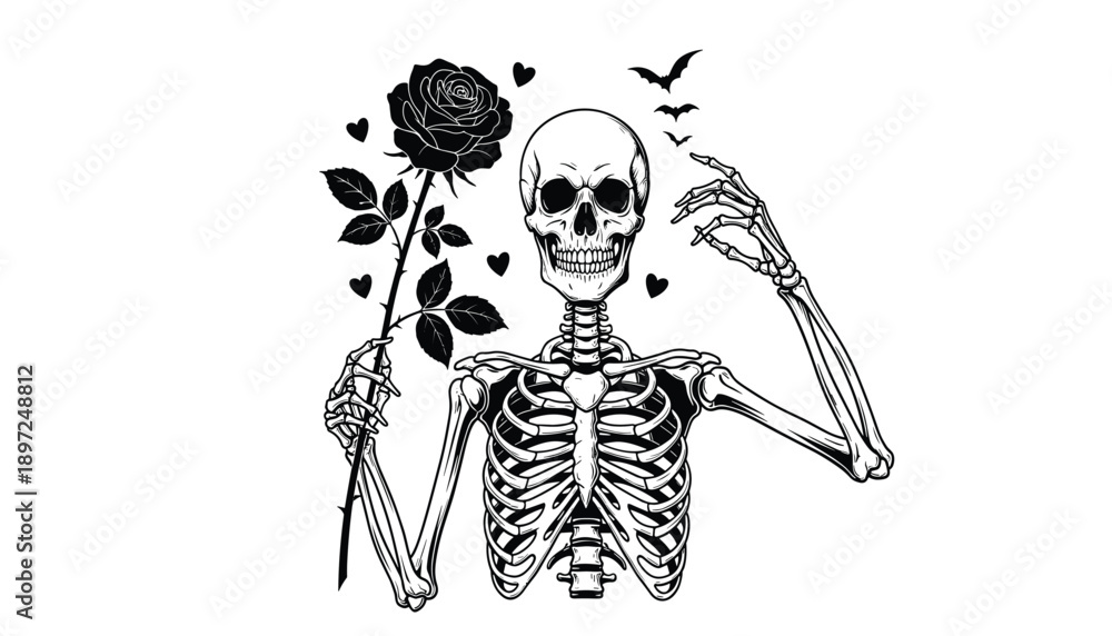 Fototapeta premium Stylized vector illustration of skeleton holding rose with whimsical hearts and birds in surreal black and white design