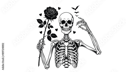 Stylized vector illustration of skeleton holding rose with whimsical hearts and birds in surreal black and white design