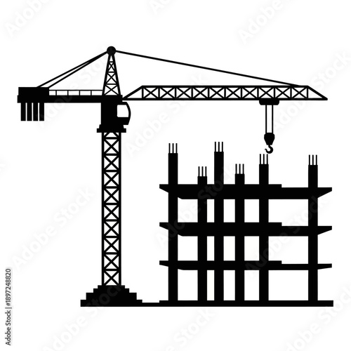 Construction Crane Building Icon – Development Project, Engineering and Architecture Symbol (Black Silhouette)