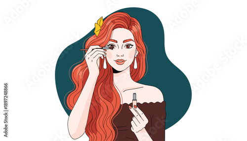 Cartoon vector illustration of person with red wavy hair applying mascara and lipstick in stylish beauty routine design
