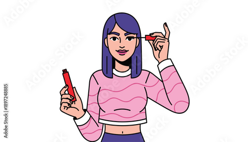 Cartoon vector character applying mascara with wand and tube representing beauty and cosmetic routine