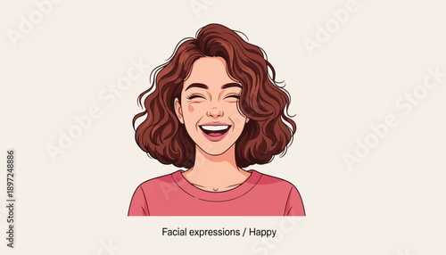 Cartoon vector illustration of happy person with curly hair smiling widely and closed eyes showing cheerful facial expression