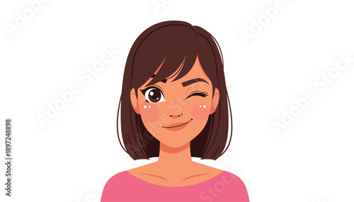 Cheerful cartoon character winking with playful blush and friendly smile in minimalist vector style illustration