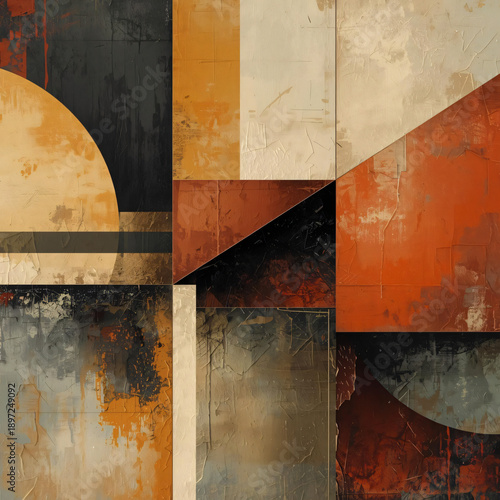  Modern composition with warm colors and distinct lines creating depth.