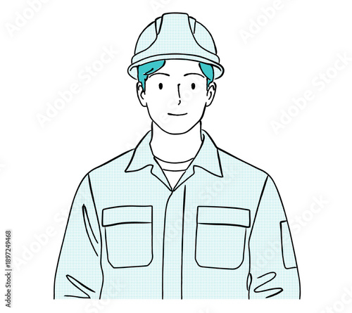 ヘルメットと作業服を着用した作業員の人物線画｜建設, 安全管理, 工事現場, 男性, 上半身