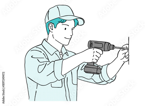 電動ドリルで穴あけ作業を行う作業員の人物線画｜DIY, 設置工事, 内装, 電動工具