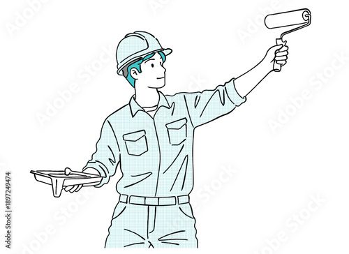 ローラーで塗装作業を行う作業員の人物線画｜塗装工事, リフォーム, 建設現場, 作業服, 男性