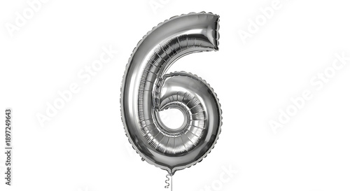 metallic silver number 6 balloon isolated on a pure white background perfect for sixth birthdays anniversaries or milestones.