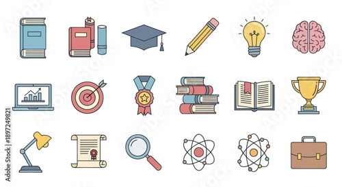 Education Icons Set: Books, Graduation Cap, Lightbulb, Brain, Laptop, Target, Trophy, Diploma