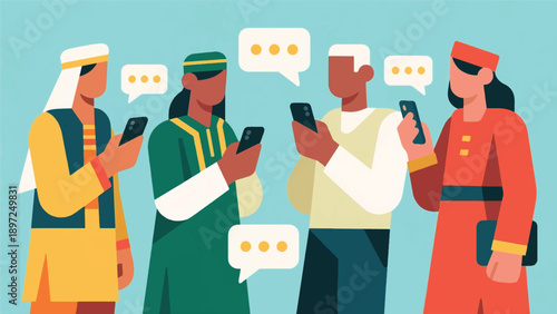 Illustration Of People In Traditional And Modern Clothes Communicating Via Smartphone, Geometric Message Icons Vector Design Template