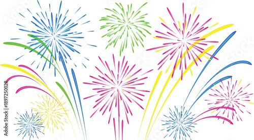 Explosion of colorful fireworks and light trails on white