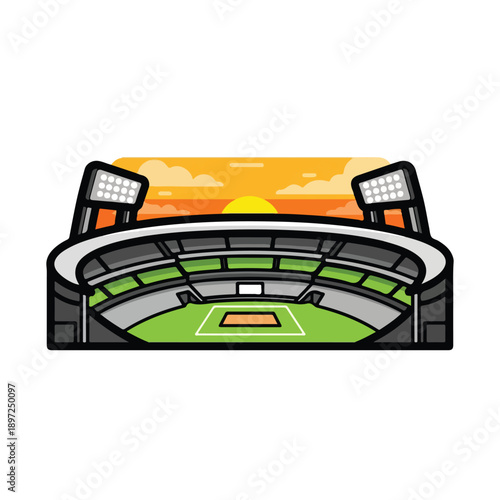 Aerial view of a sports stadium with green field and gray seating at sunset with floodlights on