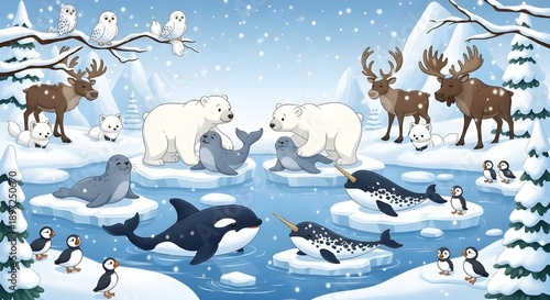 Caricatura de animales árticos sobre fondo blanco con nombre de animal.
 Pingüino, oso polar, reno.
 Morsa.
 Alce.
 Búho nival.
 Zorro ártico.
 Águila.
 Orca.
 Bisonte.
 Sello.
 Frailecillo.
 Narval.