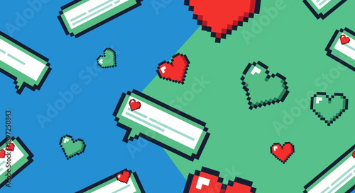 pixel art social media background with floating hearts and chat bubbles on a blue and green split digital communication.