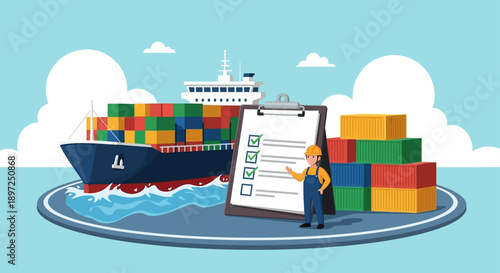 port worker with checklist monitors cargo ship colorful containers global logistics supply chain freight efficiency.