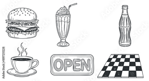 A collection of train-related illustrations featuring a steam locomotive, train boarding scenes, and modern high-speed trains in outline vector style, ideal for travel and transportation themes