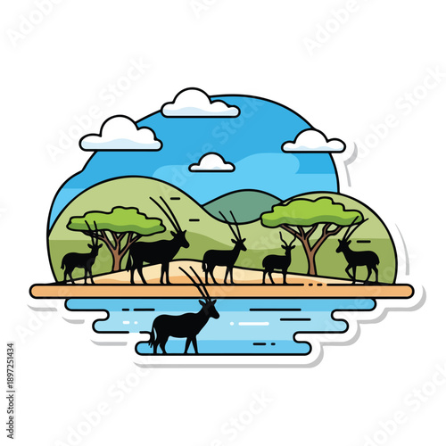 A serene landscape illustration featuring antelopes grazing near a tranquil lake surrounded by lush trees and rolling hills under a cloudy sky