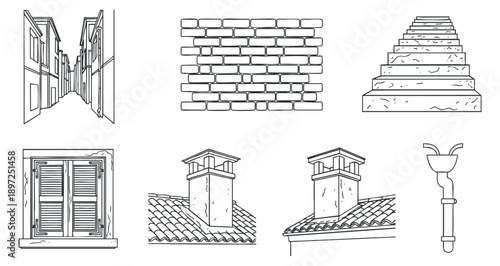 A collection of geometric patterns including maze, checkered, hexagons, and zigzag in black and white vector style, suitable for graphic design projects