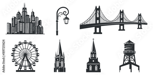 A collection of beauty products including lipstick, mascara, eyeliner, nail polish, and perfume in a black and white vector style, ideal for cosmetic branding and fashion design