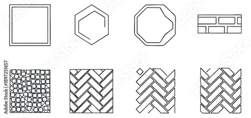 A collection of eight geometric outline frames with crystal and gem designs in minimalist vector style, suitable for artistic and creative projects