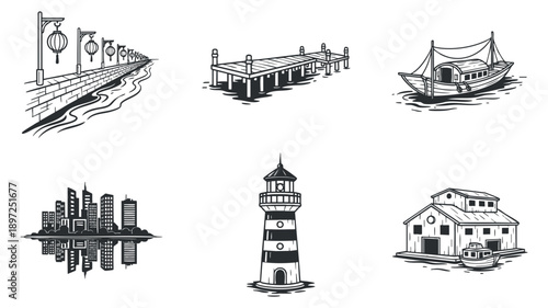 A collection of geometric patterns including woven designs, hexagons, and abstract motifs in black and white vector style, suitable for textile and interior design