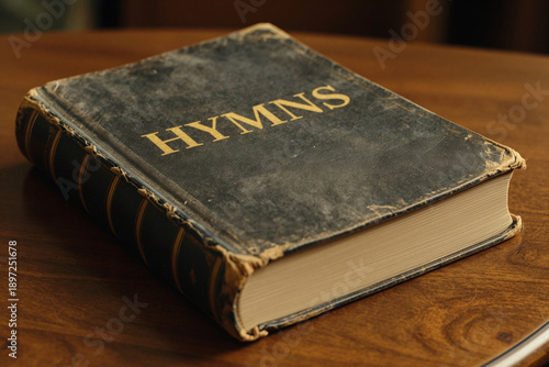 An old thick volume hardcover hymn book, weathered, faded and worn due to frequent use, on wooden table, a collection of Christian spiritual music, songs for hope, inspiration, worship and salvation.