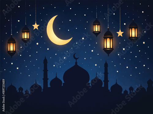 Eid Mubarak greeting card with moon and stars in a night sky vector illustration	