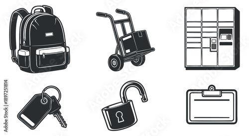 A collection of various backpack designs in a clean line art style, perfect for outdoor and travel gear branding