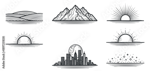 A collection of eight outlined skyscrapers in minimalist vector style, ideal for architectural design projects and urban-themed graphics